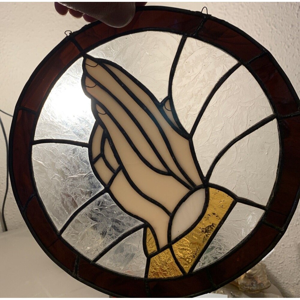 Vintage Leaded Stained Glass Praying Hands 10x10 Round Religious Sun catcher